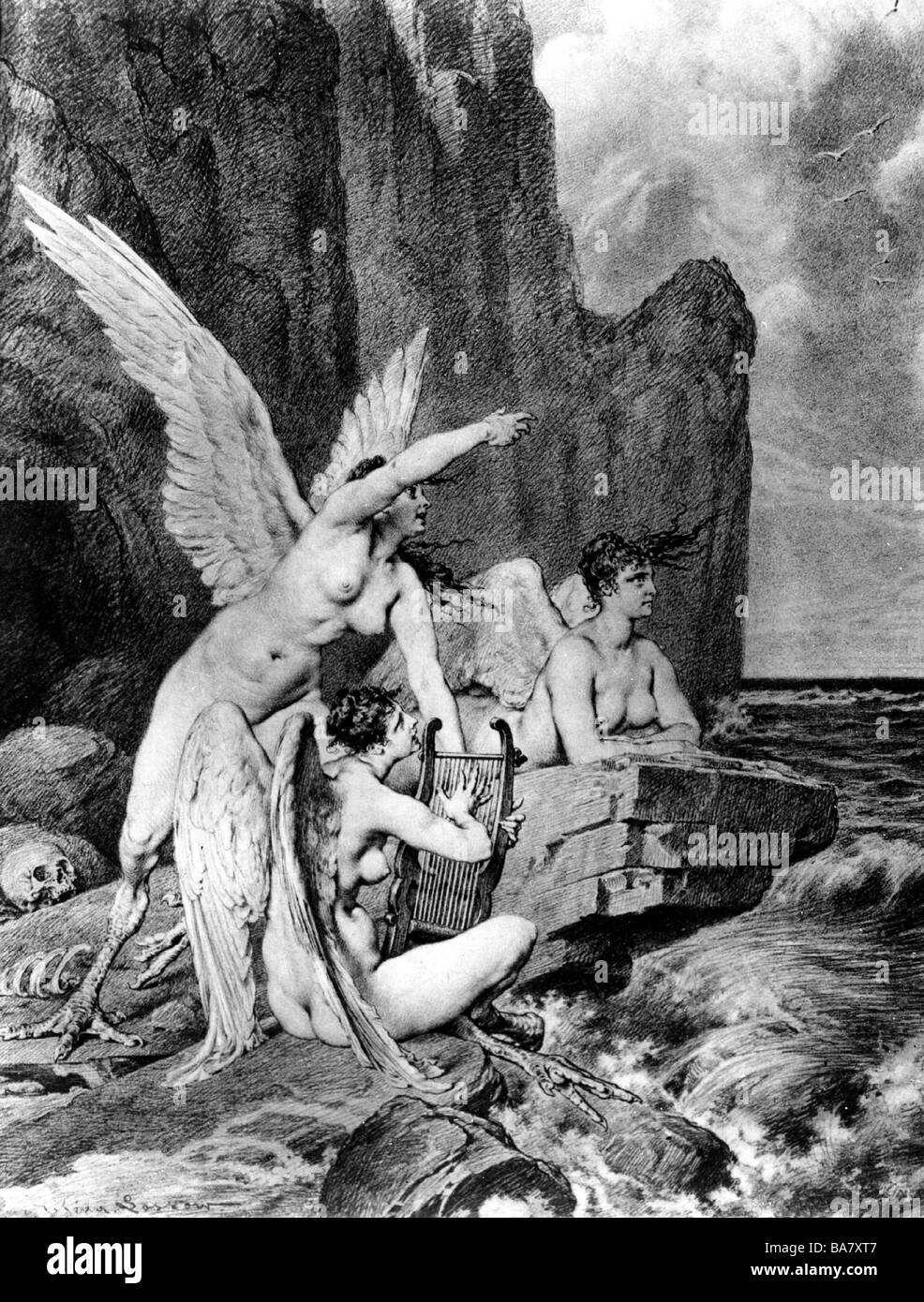 Sirenen, griechische Fabelwesen, die Seefahrer mit ihrem Gesang in eine Falle locken, Radierung durch Heinrich Lossow, 19. Jahrhundert, Stockfoto