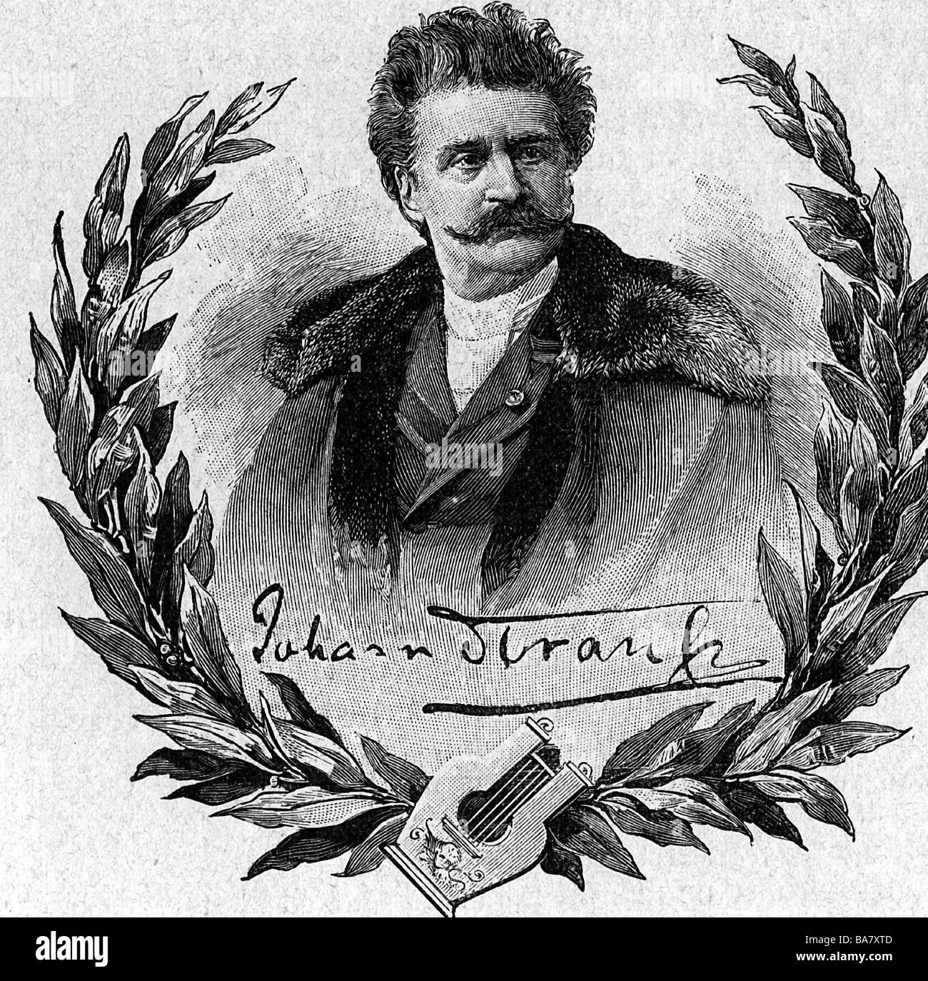Strauß, Johann II. (Der Jüngere), 25.10.1825 - 3.6.1899, österreichischer Komponist, Porträt, mit Lorbeerkranz, Holzgravur, Ende 19. Jahrhundert, Stockfoto