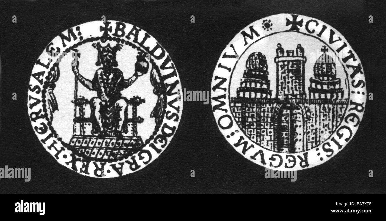 Baldwin I. von Jerusalem, 1058 - 2.4.1118, König von Jerusalem vom 25.12.1100, sein Siegel, Vorderseite: Sich selbst, umgekehrt: Stadtbild von Jerusalem, Stockfoto