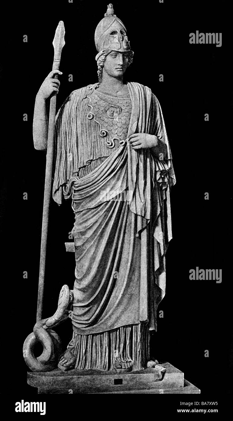 Athena, Pallas Athena, griechische Kriegsgöttin, Tochter des Zeus, in voller Länge, Marmorskulptur, Vatikanmuseum, Rom, Stockfoto