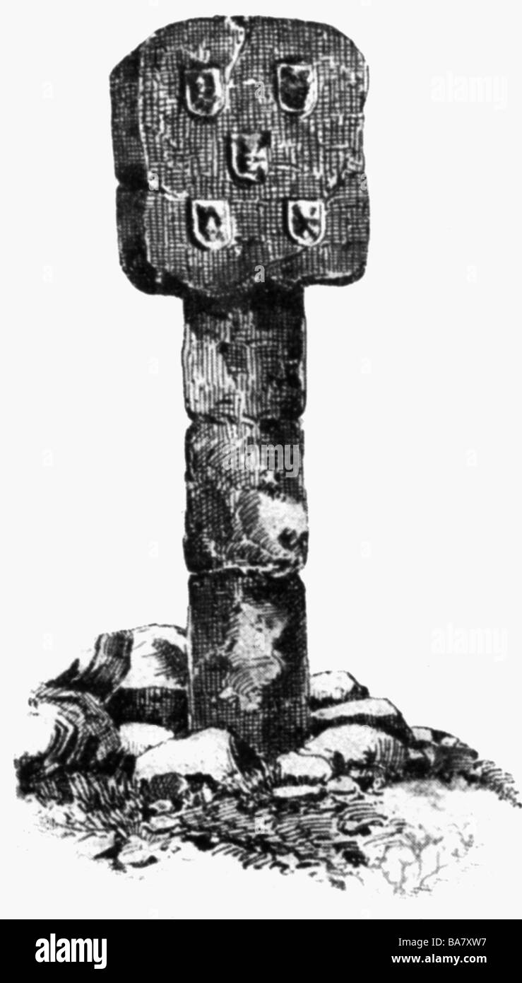 Gama, Vasco da ca. 1469 - 24.12.1524, portugiesische Seefahrer, errichteten portugiesische Staatswappen, Holzstich, 19. Jahrhundert, Stockfoto