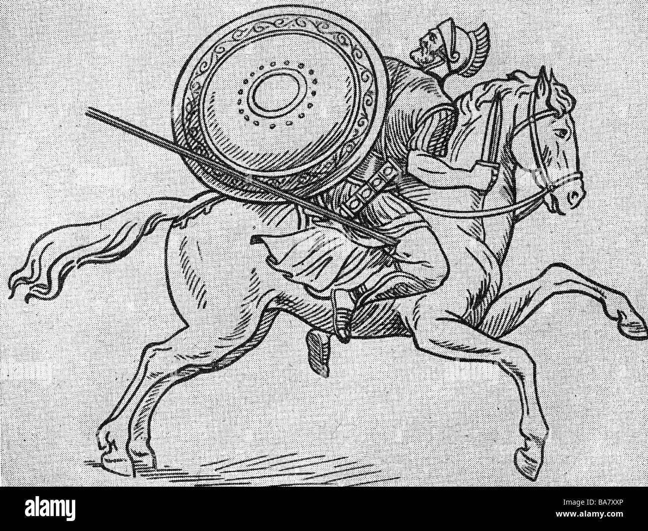 Spartacus, ca. 109 - 71 v. Chr., thrakischer Gladiator, der die Slave-Revolte gegen Rom 73 - 71 v. Chr. anführte, wird am Bein verletzt, Holzgravur nach Fresko, 19. Jahrhundert, Stockfoto