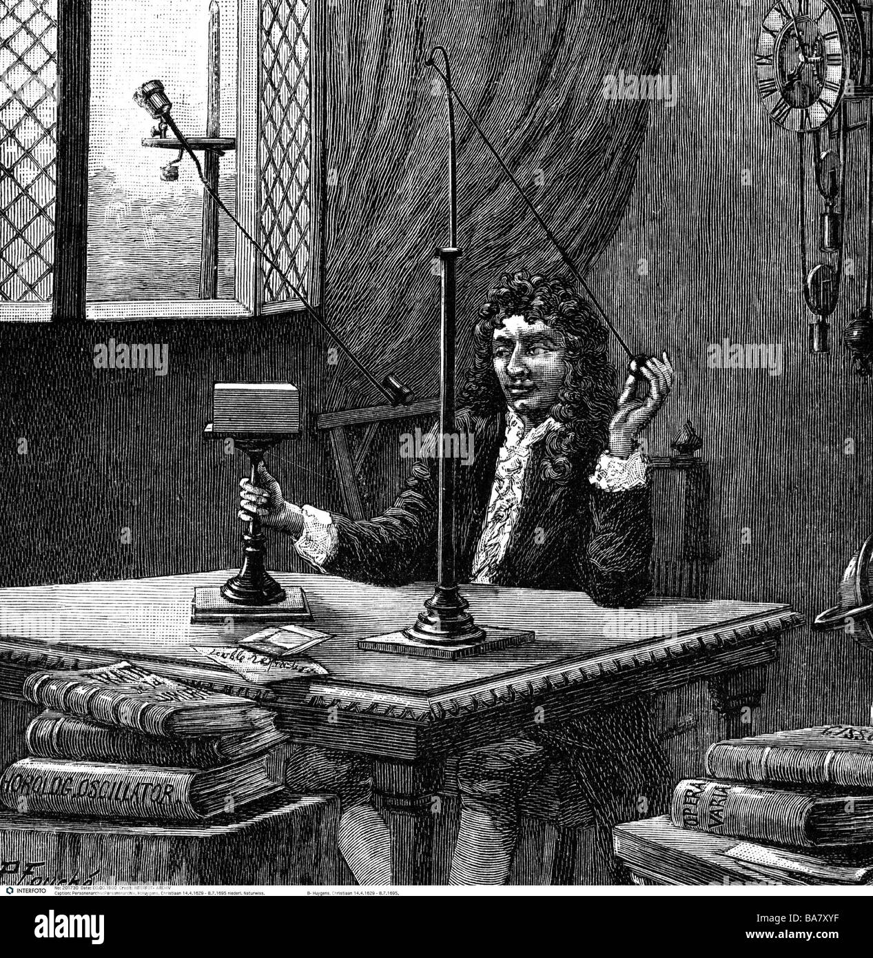 Huygens, Christian, 14.4.1629 - 8.7.1695, niederländischer Wissenschaftler (Physiker, Mathematikwissenschaftler und Astronom), halbe Länge, sitzend bei Messung, Holzgravur, Stockfoto