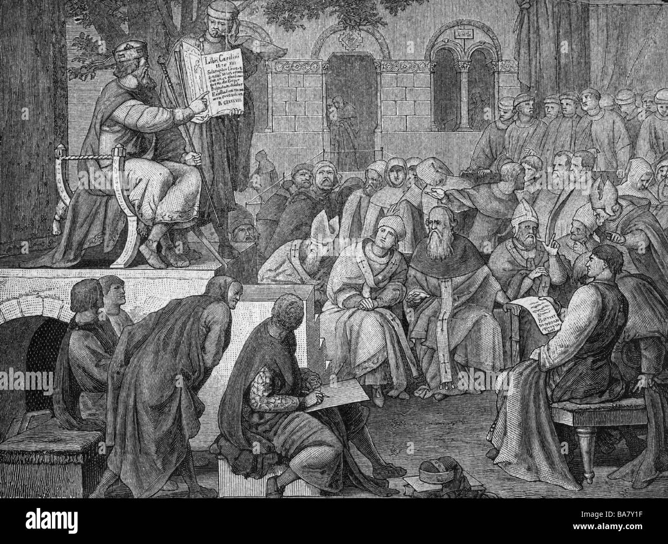 Karl der erste, 2.4.742 - 28.1.814, römischer Kaiser 800 - 814, König der Franken 768 - 814, auf der Synod von Frankfurt am Main 794, Radierung nach Alfred Rethel (187 - 1859), Stockfoto