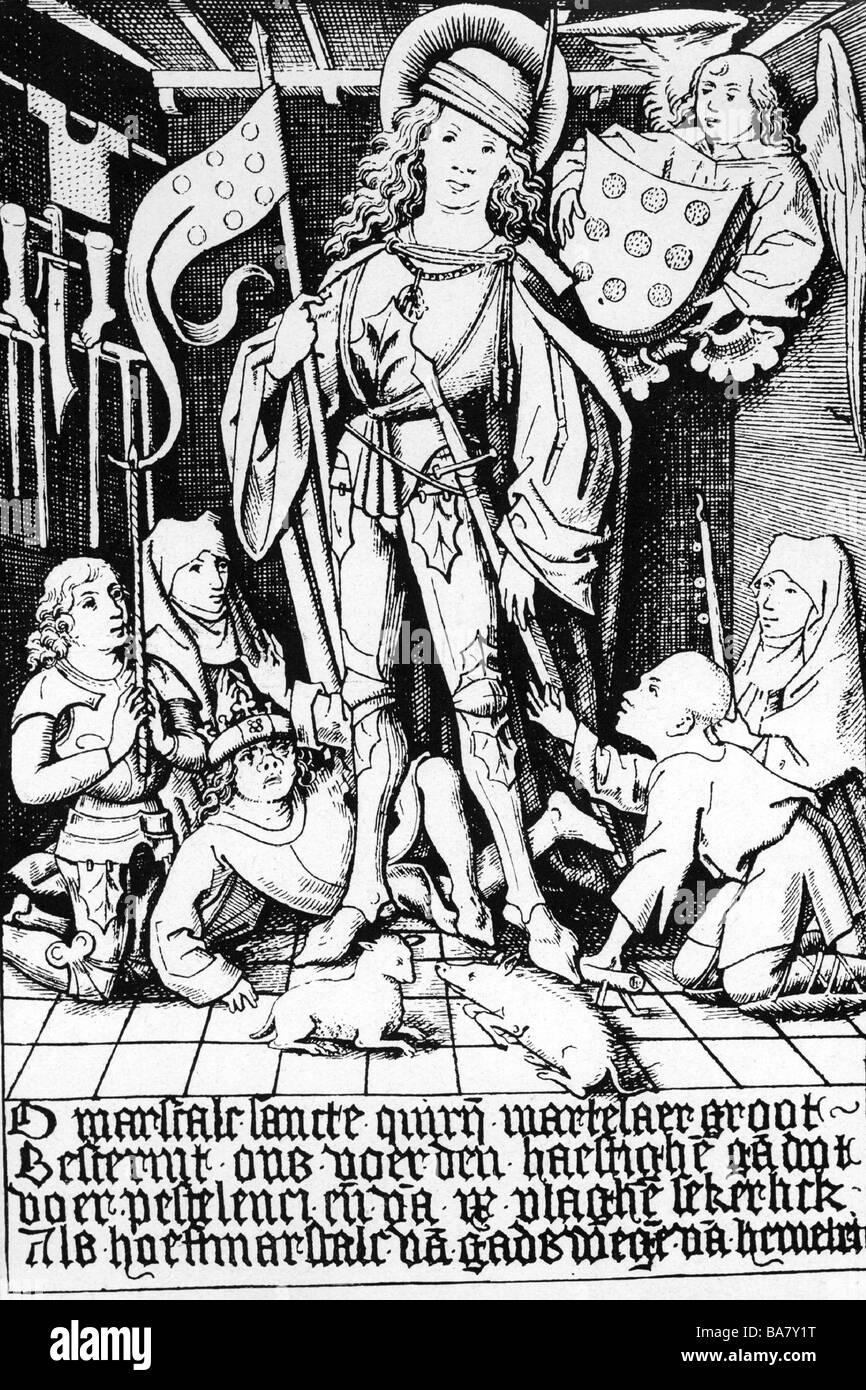 Quirinus von Neuss, + ca. 115, Heiliger und Märtyrer, volle Länge, Niederländische Kupferstich, 15. Jahrhundert, Artist's Urheberrecht nicht geklärt zu werden. Stockfoto