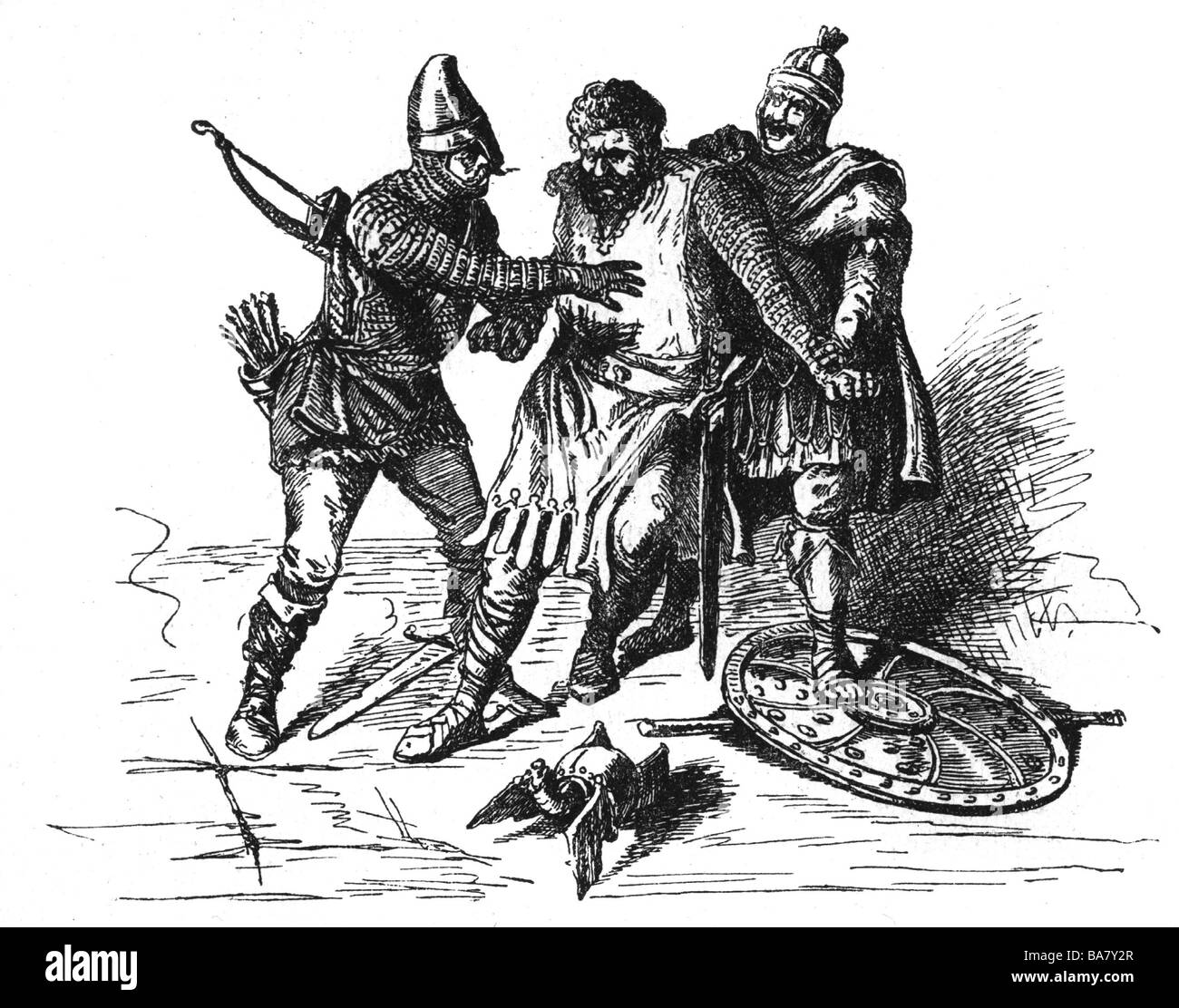 Tassilo III., ca. 742 - 11.12. Nach 794, Herzog von Bayern 748 - 788, verhaftet auf dem kaiserlichen Speiseplan in Ingelheim, 788, Holzgravur, 19. Jahrhundert, Stockfoto