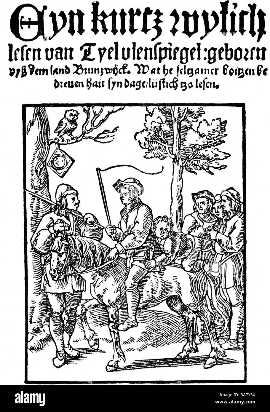 Eulenspiegel, Till (1300 - 1350), deutscher Joker, halbe Länge, Titel "Ain kurzweiig lesen von Tyel Ulenspiegel", gedruckt von Servais Krusster, Köln, ca. 1520 / 1530, Stockfoto