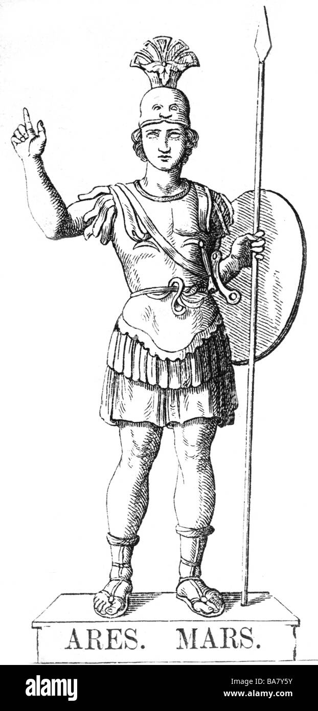 Ares, der griechische gott der Kriegsführung, volle Länge, Holzgravur nach Statue, 19. Jahrhundert, Stockfoto
