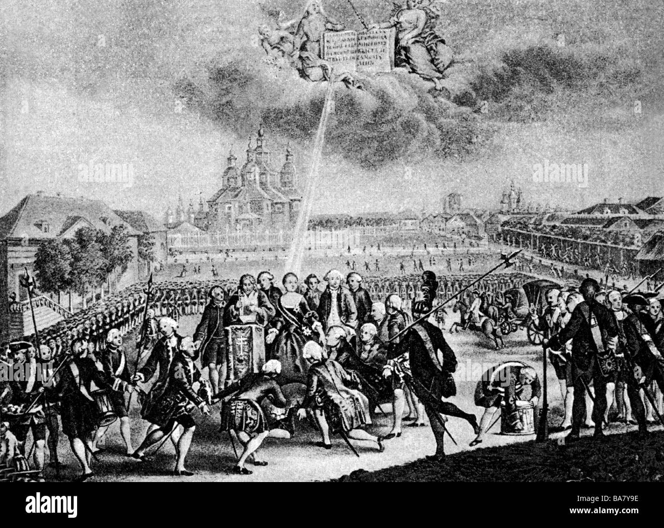 Katharina II. die Große", 2.5.1729 - 17.11.1796, Kaiserin von Russland 28.6.1762 - 17.11.1796, Staatsstreich, Ismailovski Regiment der Eidesleistung Kupferstich nach J. C. Kaestner, 18. Jahrhundert,, Artist's Urheberrecht nicht geklärt zu werden. Stockfoto