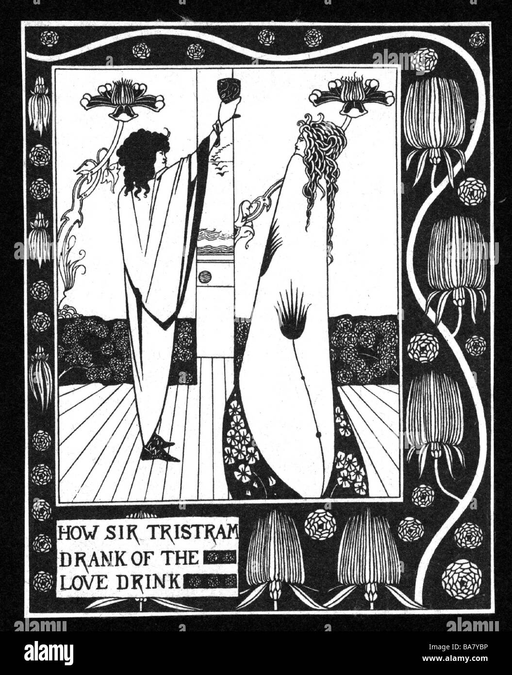 Tristan, sagenhafte Figur, Szene, den Liebestrank trinkend, neben ihm Isault, Zeichnung von Aubrey Beardsley (1872 - 1898), Ende des 19. Jahrhunderts, Stockfoto