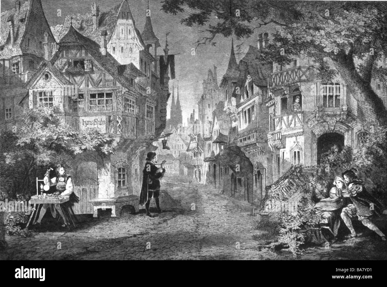 Wagner, Richard, 22.5.1313 - 13.2.1883, deutscher Komponist, Werke, Oper 'Die Meistersinger von Nürnberg', Bühnenbild, Akt zwei, zeitgenössische Illustration, Stockfoto