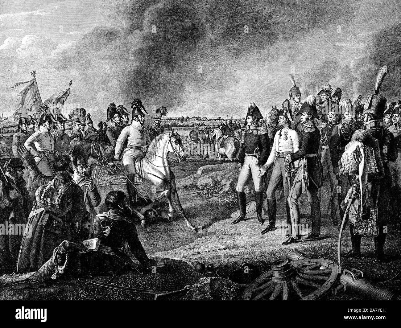 Ereignisse, Krieg der Sechsten Koalition von 186 - 182, Schlacht von Leipzig 16.-19.10.1813, Feldmarschall Prinz Karl von Schwarzenberg, der den Monarchen den Sieg berichtet, 19.10.188, Kupferstich von J. Scott nach dem Gemälde von Johann Peter Krafft, von 186, Zar Alexander I. von Russland von Rußland, Kaiser Franz I. von Österreich, König Friedrich Wilhelm von Preßburg, Karl von Langenau, Werner von Trapp, Joseph von Radetzky, Karl Friedrich von dem Knesebeck, Alliierten, napoleonische Kriege, Deutschland, Sachsen, historisch, historisch, Franz, Friedrich Wilhelm, 19. Jahrhundert, Menschen, Stockfoto