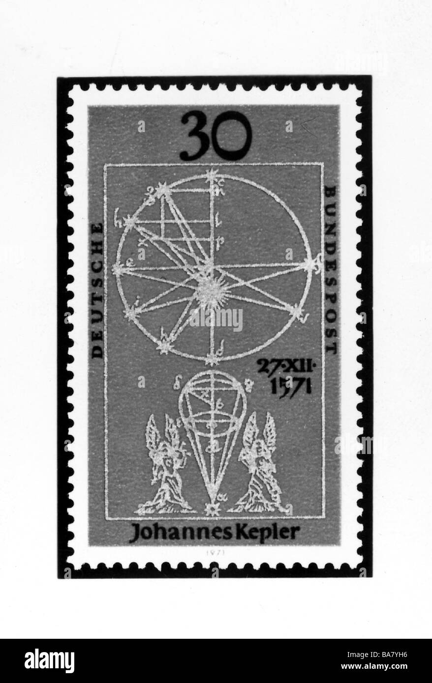 Kepler, Johannes, 27.12.1571 - 15.11.1630, deutscher Astronom, 30 Pfennig Stempel mit Illustrationen aus seinem Werk "Astronomia Nova" von 1609, wahrscheinlich 1971, Stockfoto