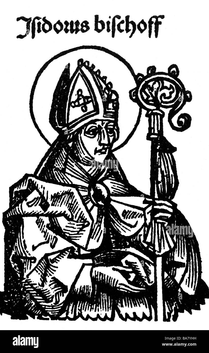 Isidor von Sevilla, das circa 560-4.4.636, Spanischer Kleriker, saint, halbe Länge, Holzschnitt, von Michael Wohlgemut oder Wilhelm Pleydenwurff, Illustration aus dem Nürnberger Chronik (schedel's World Chronicle), von Hartmann Schedel, Nürnberg 1493, Artist's Urheberrecht nicht geklärt zu werden. Stockfoto