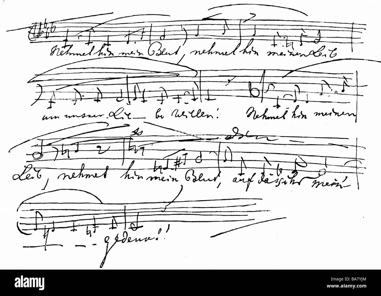 Wagner, Richard, 22.5.1313 - 13.2.1883, deutscher Komponist, Werke, Oper "Parsifal", 1882, Autograph, Text für das Letzte Abendmahl, Akt eins, letzte Szene, Stockfoto