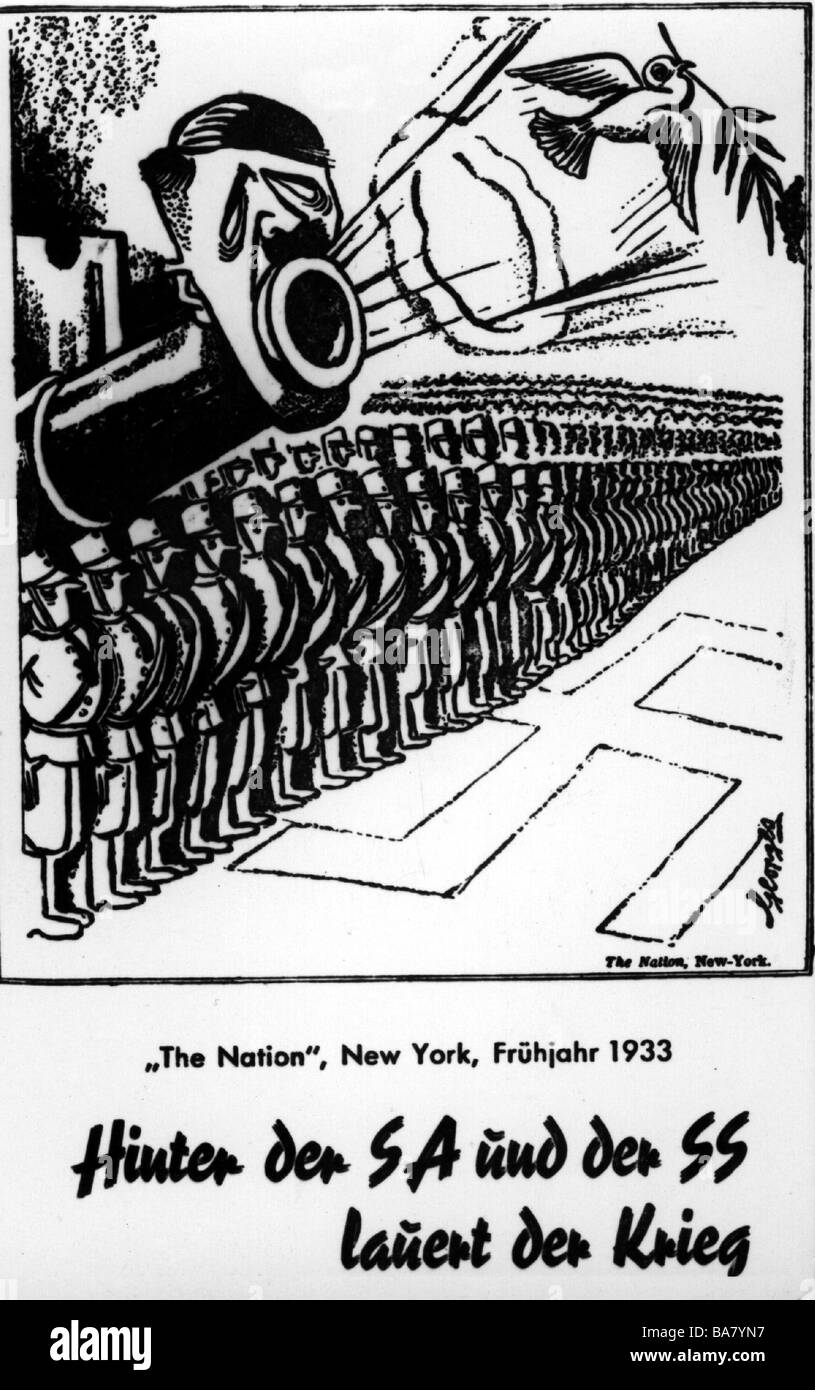 Hitler, Adolf, 20.4.1889 - 30.4.1945, deutscher Politiker (NSDAP), Führer und Reichskanzler seit 1933, spuckt Friedenstaube, Karikatur, Zeichnung von Georges, von 'The Nation', New York, Frühjahr 1933, Stockfoto