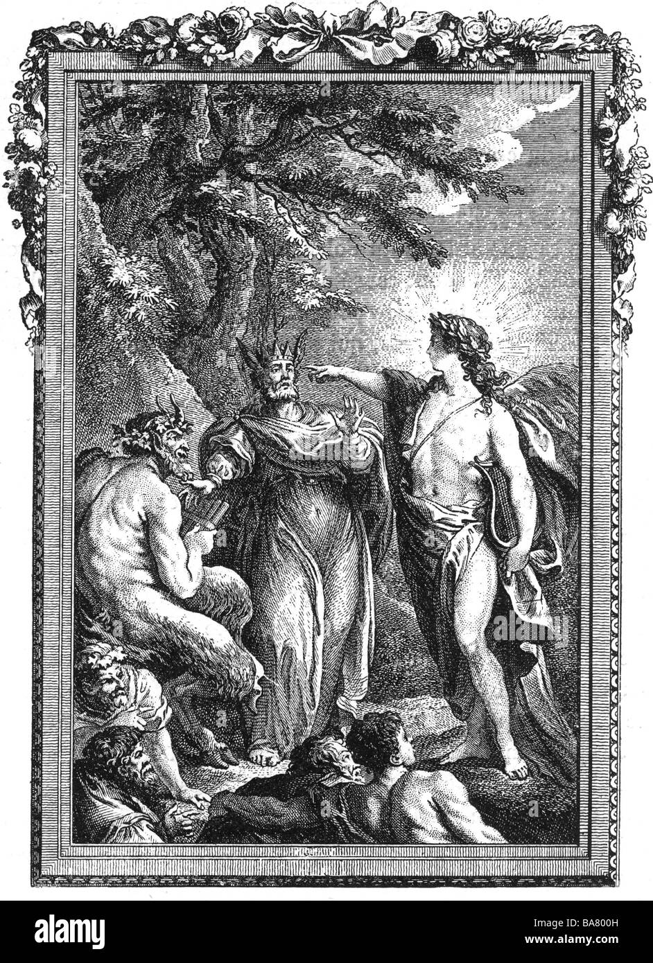 Apollo, griechische Gottheit des Lichts, Poesie, Musik, Medizin, Gemälde "Apollon fait venir des oreilles dane a midas", Stockfoto