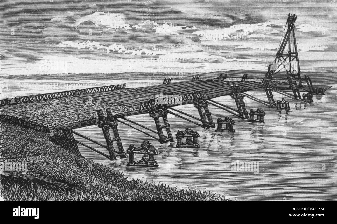 Architektur, Brücken, römische Brücke von Gaius Iulius Caesar über den Rhein bei Neuwied, 55 v. Chr., Rekonstruktion, Holzgravur nach dem Wiederaufbau, Saint Germain Museum, 19. Jahrhundert, Antike, Antike, Römer, Gallische Kriege, Römisches Reich, Militär, Ingenieure, Überquerung, Fluss, Deutschland, historische, antike Welt, Stockfoto