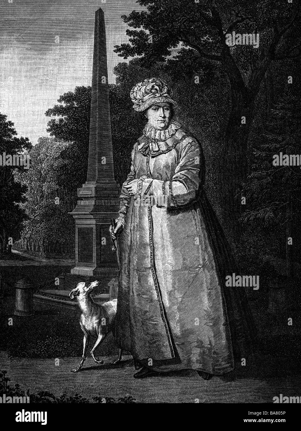 Katharina II., "der Große", 2.5.1729 - 17.11.1796, Kaiserin von Russland 1762 - 1796, volle Länge, mit Hund im Park, Kupferstich von Nikolaj Utkin, nach dem Lackieren von V. Borovikovsky, 18. Jahrhundert, Artist's Urheberrecht nicht gelöscht werden Stockfoto