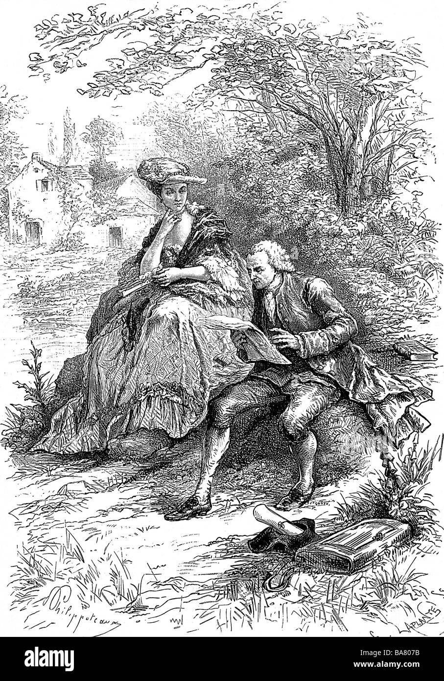 Rousseau, Jean-Jacques, 28.6.1712 - 2.7.78.78.7919, französischer Autor/Schriftsteller, Philosoph, Szene, in der Einsiedelei von Montmorency, Lesen von seinem Manuskript "neue Heloise" bis Louise d'Epinay, Holzgravur von Charles Laplante, nach der Zeichnung von Felix Philippoteaux, 19. Jahrhundert, Stockfoto