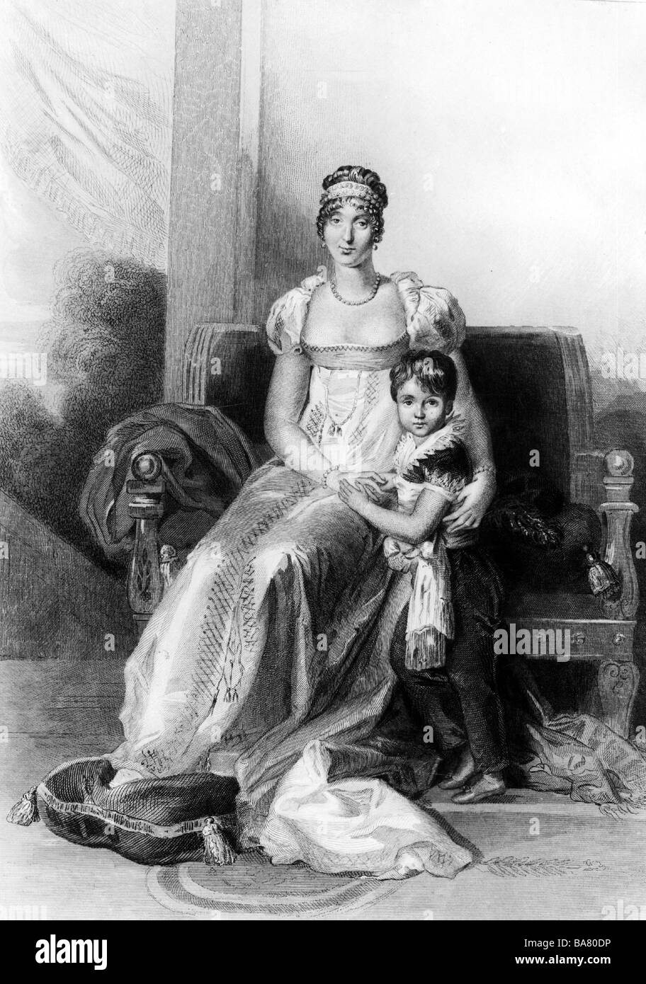Beauharnais, Hortense de, 10.4.1783 - 5.10.1837, Stieftochter von Napoleon I. von Frankreich, voller Länge, mit Sohn Louis Napoleon, Gravur von Thibault nach dem Gemälde von Gerard, 19. Jahrhundert, Stockfoto