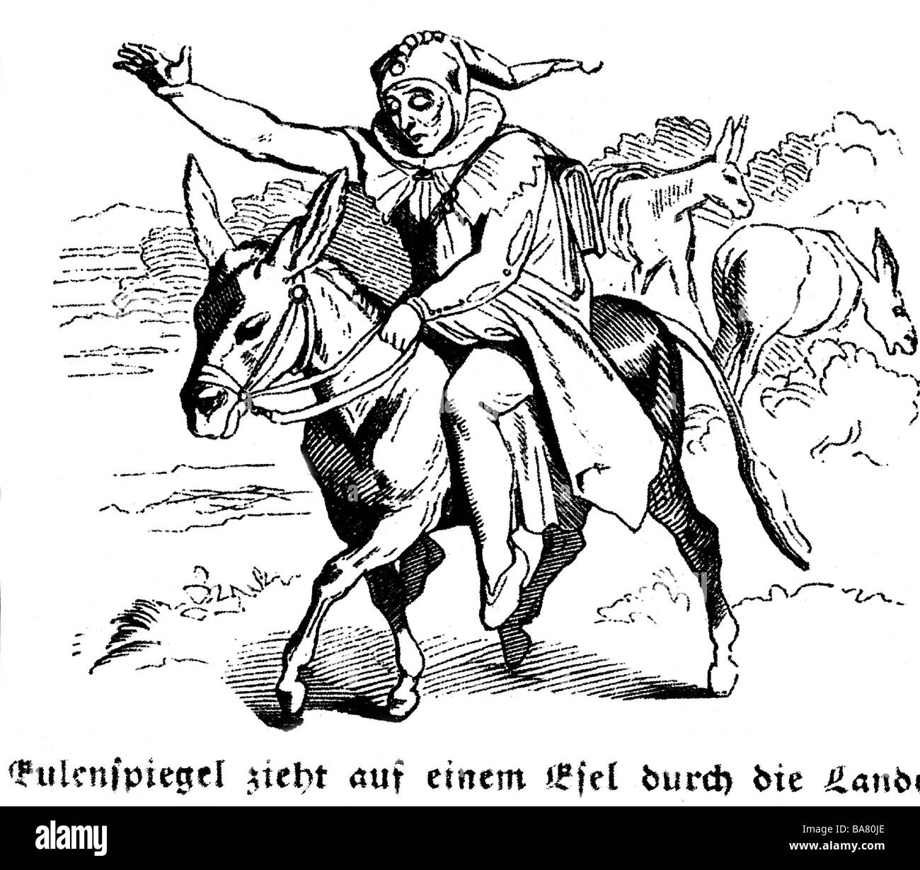 Eulenspiegel, Till (1300 - 1350), deutscher Joker, voller Länge, reitender Esel, Holzschnitt, 19. Jahrhundert, Stockfoto