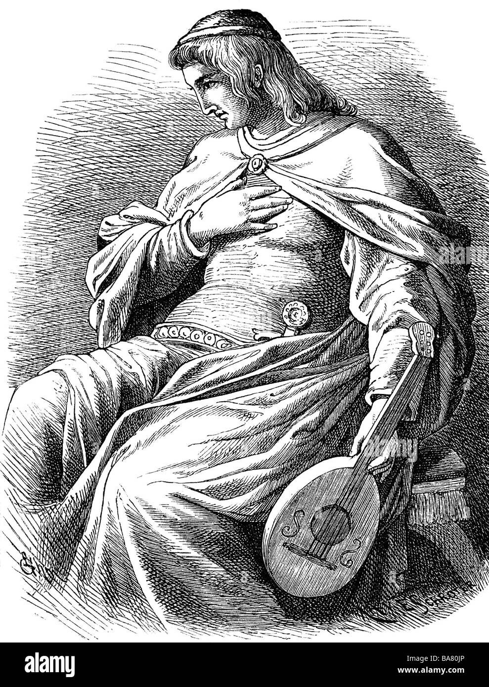 Wolfram von Eschenbach, ca. 1175 - ca. 1220, deutscher Ritter, Minnesänger, halbe Länge, Zeichnung von Moritz von Schwind (ca. * zwischen dem Jahr 30-1871), Stockfoto