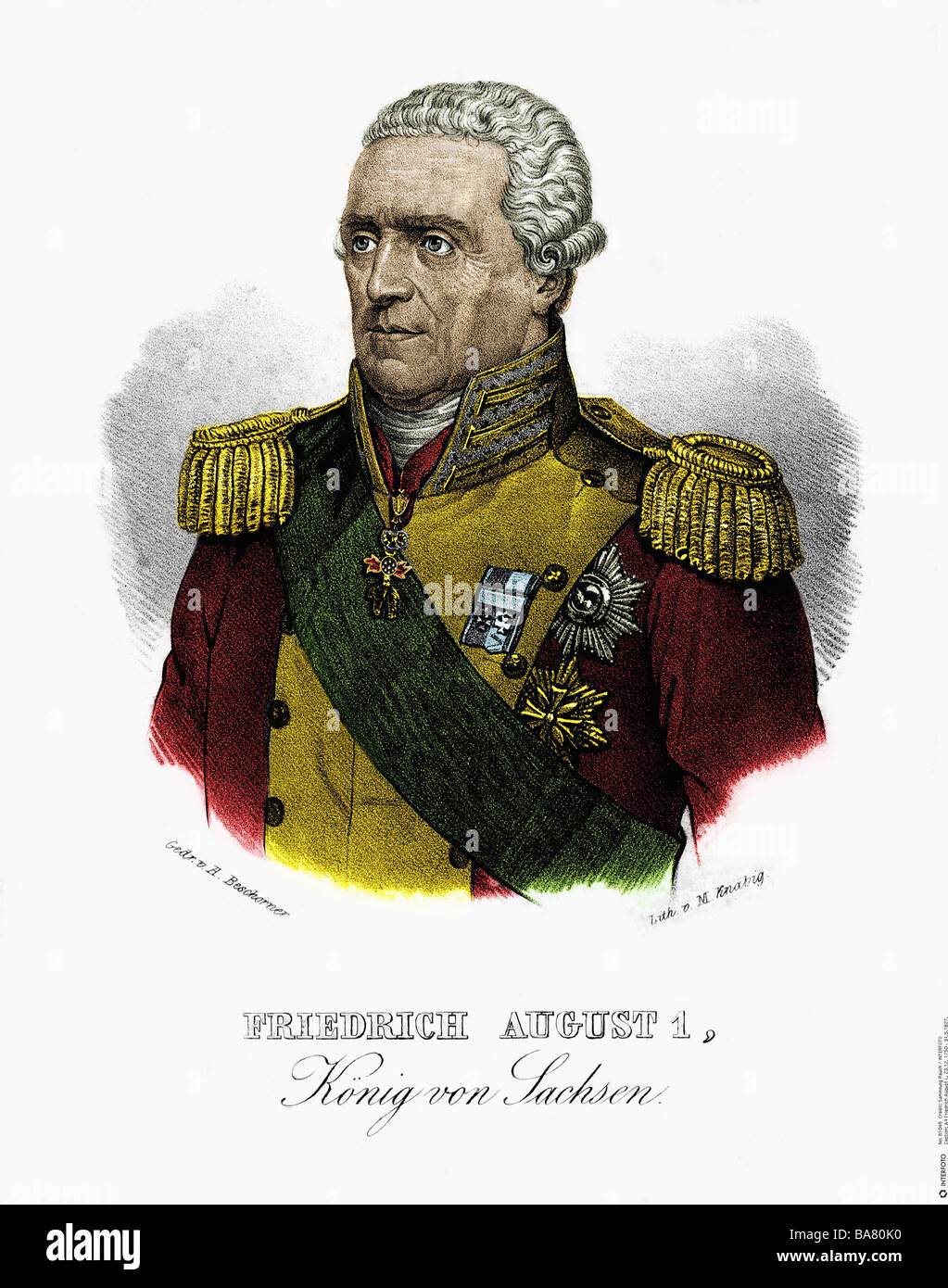 Friedrich Augustus I., 23.12.1750 - 31.5.187, König von Sachsen 11.12.36-31.5.187, Porträt, lithograph, von M. Knaebig, Anfang 19. Jahrhundert, später farbig, Stockfoto