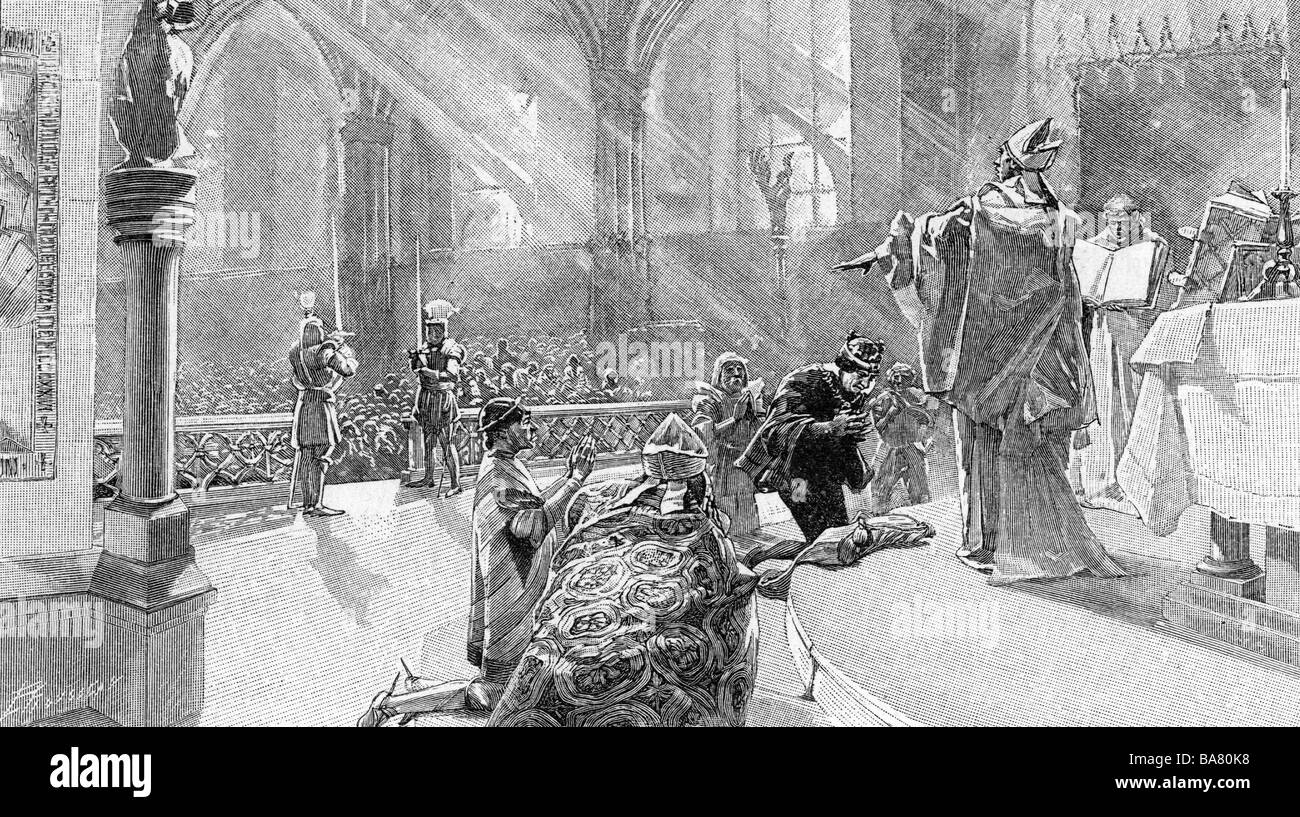 Louis IX "der Umsichtige", 3.7.1423 - 30.8.1483, König von Frankreich 22.7.1461 - 30.8.1483, Krönung in Reims, 12.8.1461, Holzgravur nach Marols, 19. Jahrhundert, Stockfoto