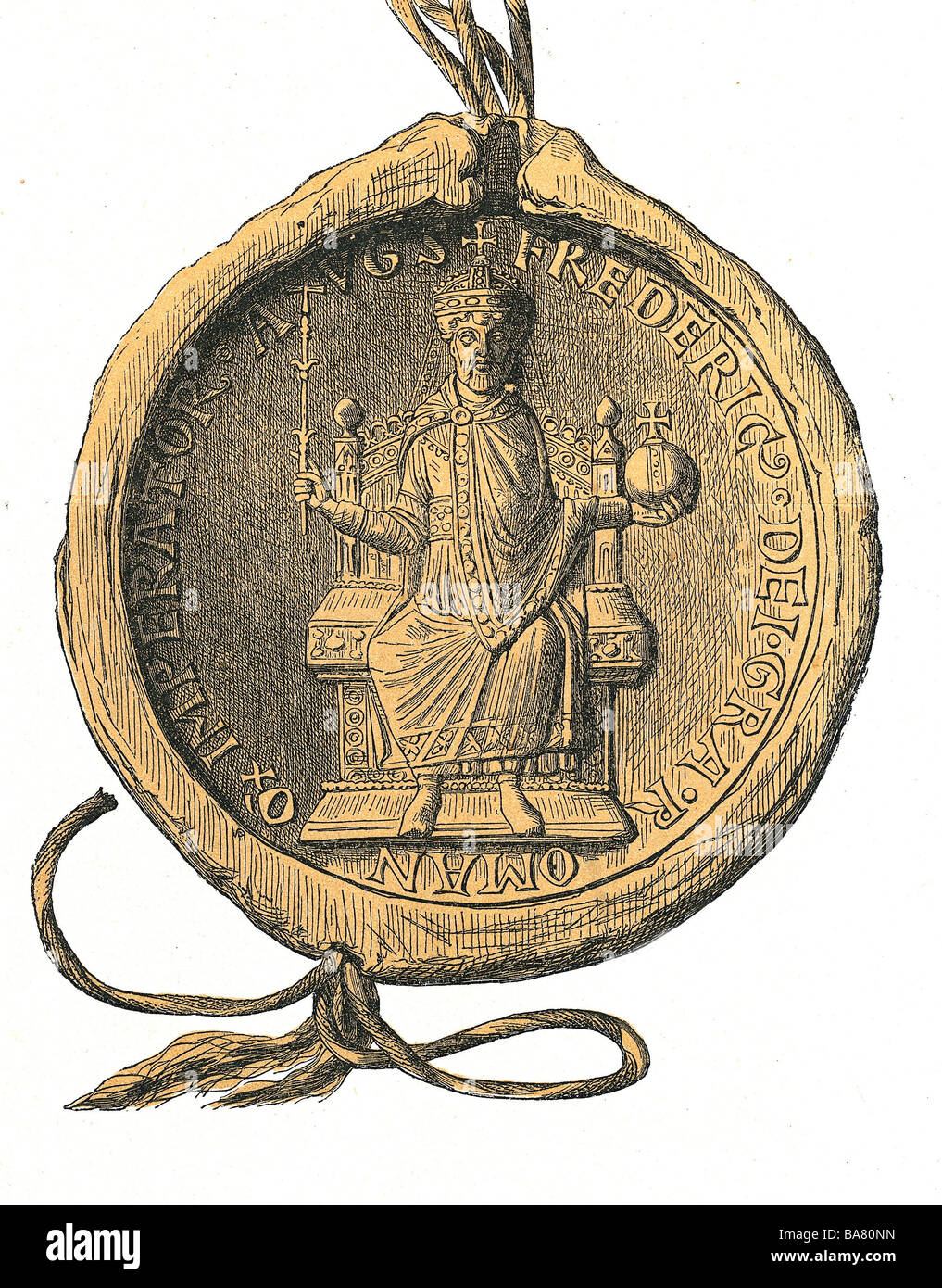 Friedrich I. 'Barbarossas', ca. 1122 - 10.6.1190, König von Deutschland, Heiliger römischer Kaiser 18.6.1155 - 10.6.1190, halbe Länge, Bulla, 1174, Holzgravur, 19. Jahrhundert, Stockfoto