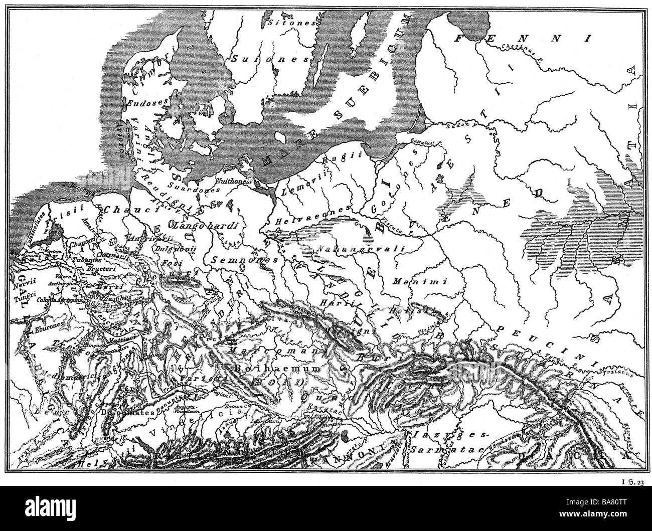 Kartografie, historische Karten, alte Welt, Germanien zur Zeit Tacitus, Ende des 1. Jahrhunderts, "Atlas antiquus" von Heinrich Kiepert, Berlin, 1861, Stockfoto