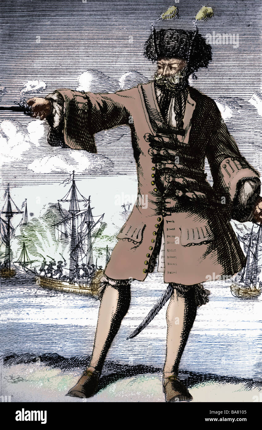 Lehren, Edward, "blackbeard", ca. 1680 - 22.11.1718, englischer Pirat, volle Länge, Kupferstich, 18. Jahrhundert, später farbig,, Artist's Urheberrecht nicht gelöscht werden Stockfoto