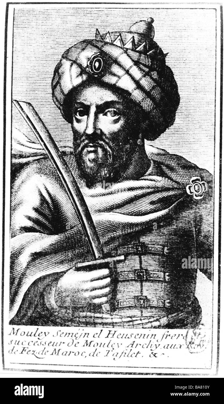Moulay Ismail Ibn Sharif 'Warrior King', +1727, Zweites Lineal der marokkanischen Alaouite Dynasty 1672 - 1727, halbe Länge, zeitgenössischen französischen Kupferstich, 18. Jahrhundert, Artist's Urheberrecht nicht gelöscht werden Stockfoto
