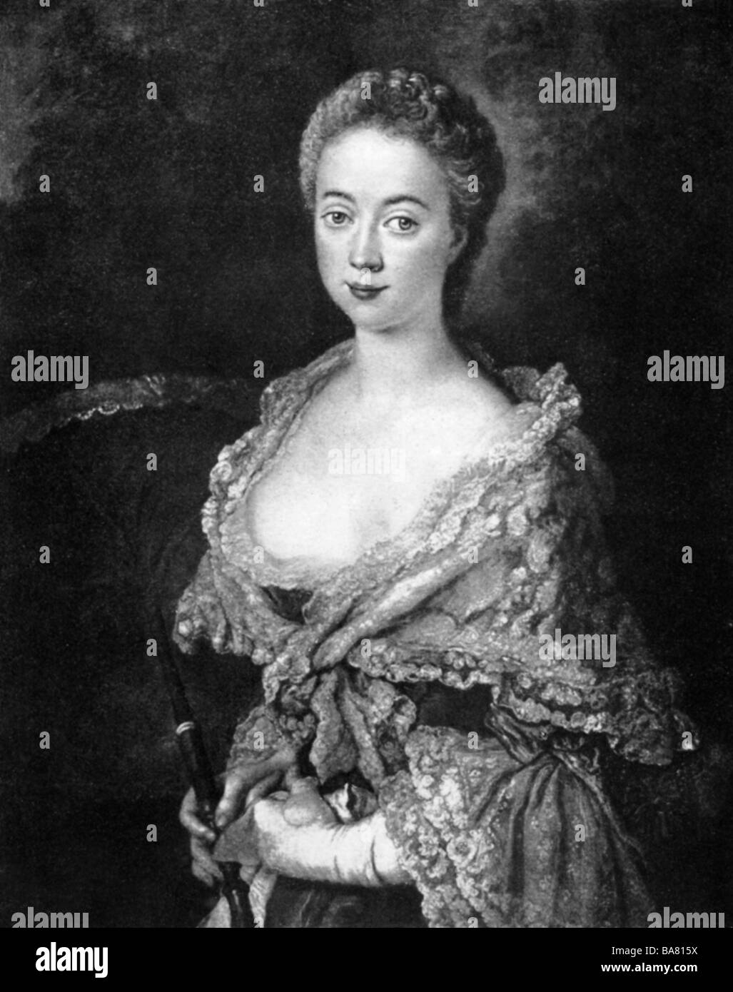 Juliana Maria, 4.9.1724 - 10.10.1796, Königin Consort von Dänemark und Norwegen 8.7.1752 - 14.1.1766, halbe Länge, Druck nach einem von Antoine Pesne (1683 - 1757), Mitte 18. Jahrhundert, Stockfoto