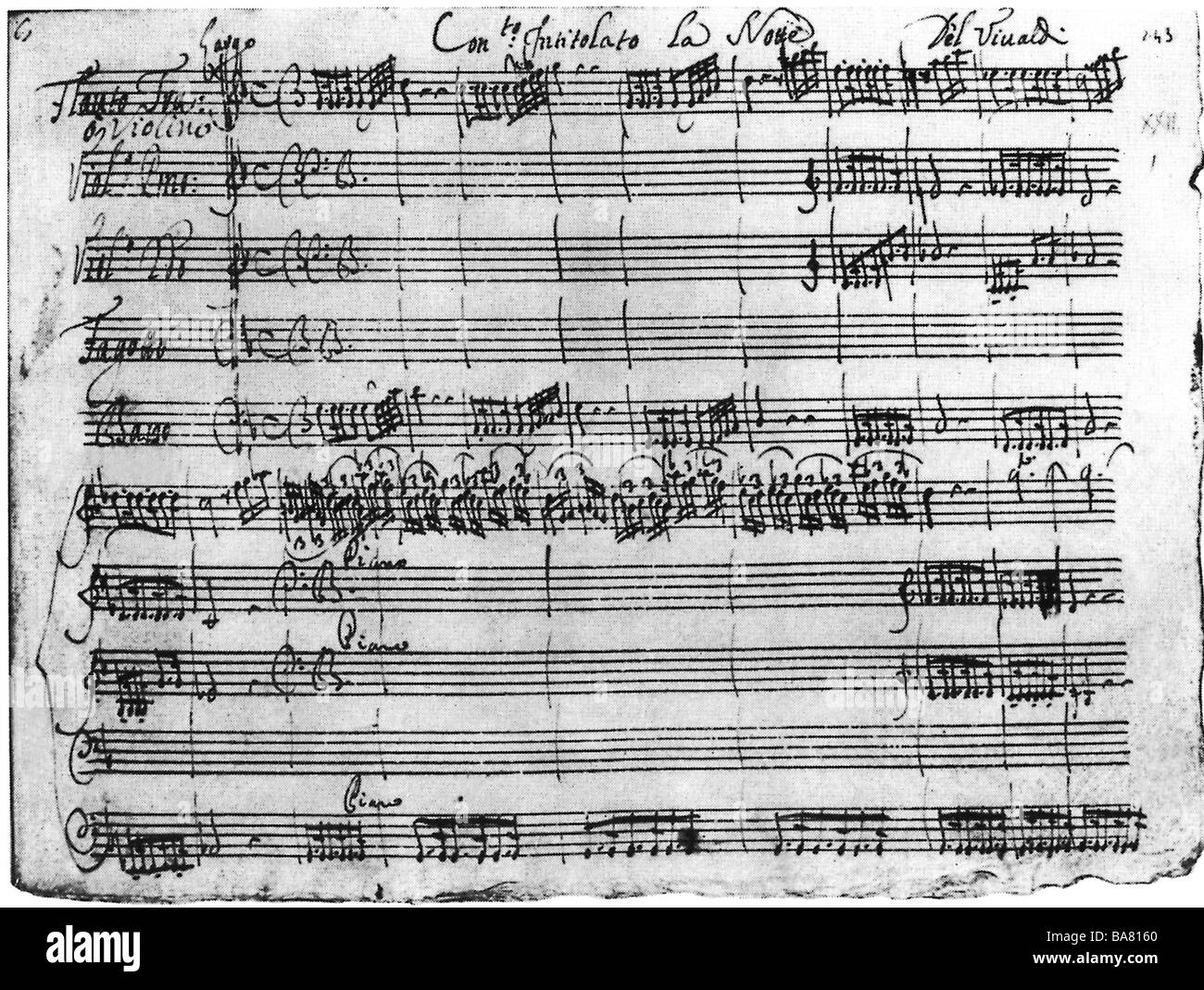 Vivaldi, Antonio, 4.3.1678 - 28.7.1741, italienischer Komponist, Notenblatt, Konzert für Flöte oder Violine ('La Notte'), Teil von Opus 10, ca. 1728, Stockfoto