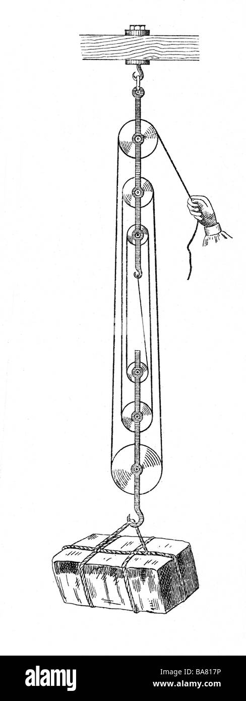 Technik, Flaschenzug mit sechs integrierten Riemenscheibe, Holzstich, Ende 19. Jh., clipping, historisch, historische, Stockfoto
