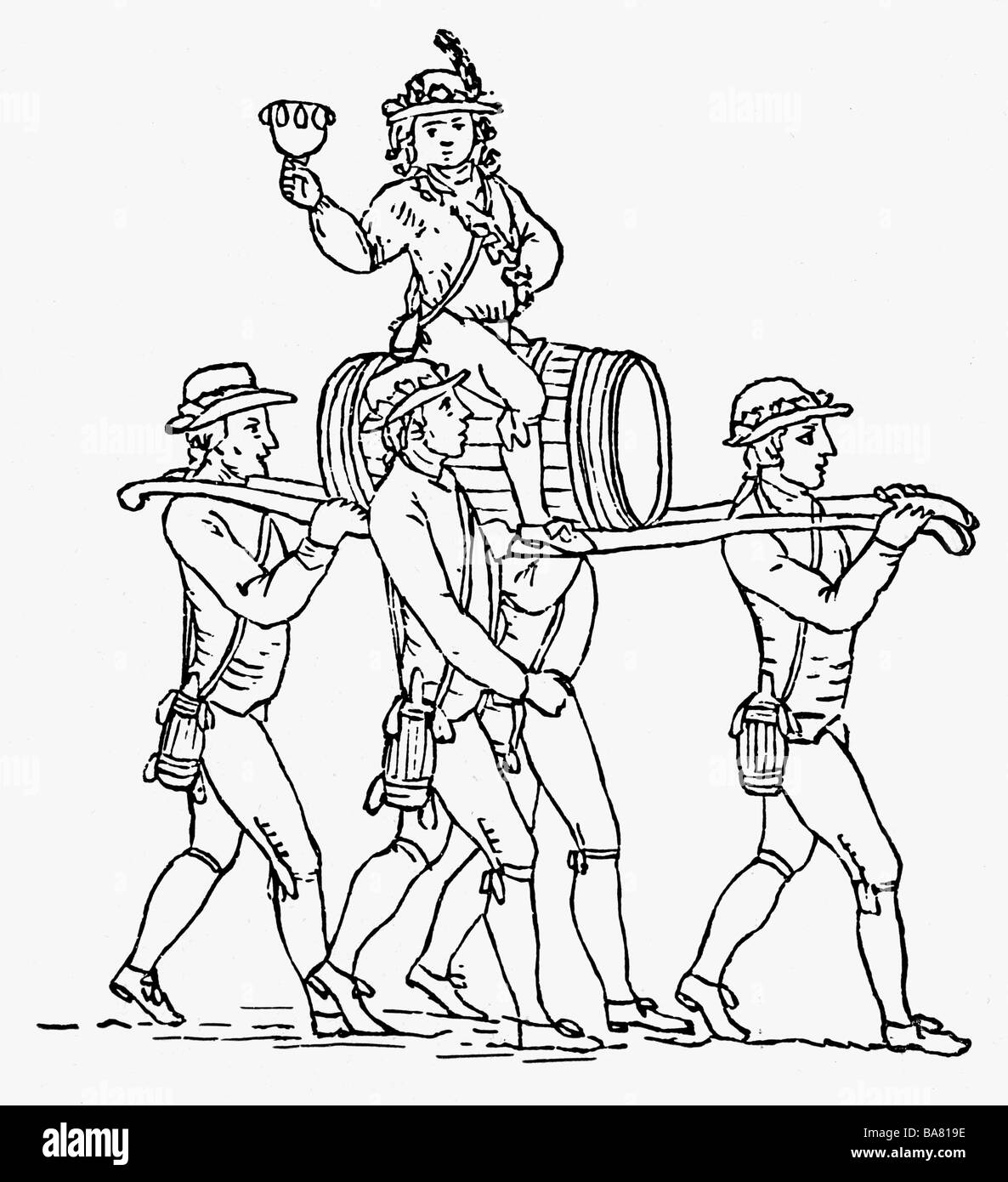 Alkohol, Wein, Festlichkeit, Bacchus auf einer Winzerparty, im Jahr 1796, Holzschnitt, "essager boiteaux", Stockfoto