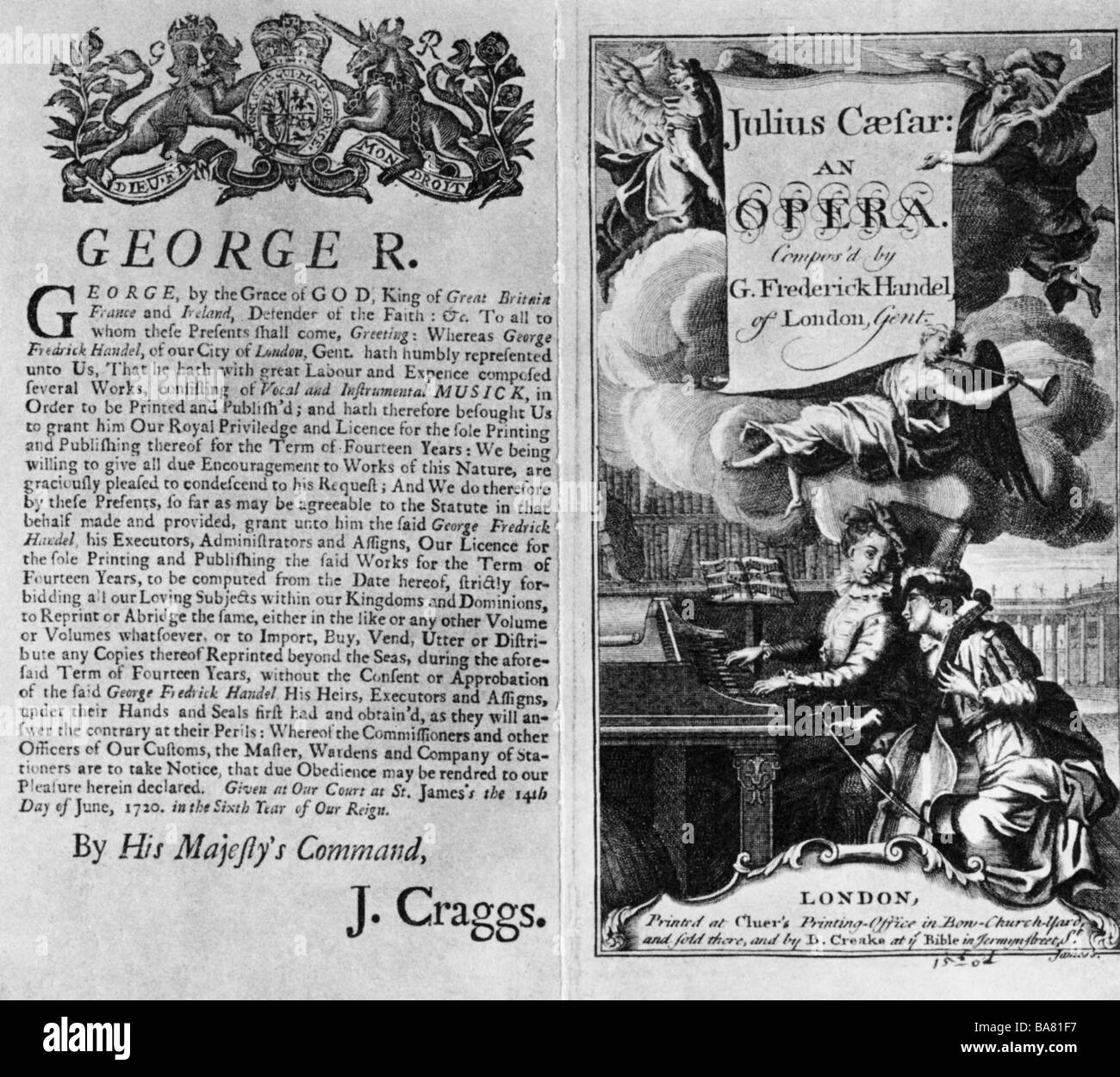 Händel, George Frederic, 23.2.1685 - 14.4.1759, deutscher Komponist, Werke, Oper "Giulio Caesare in Egitto" (1724), Titel, Stockfoto