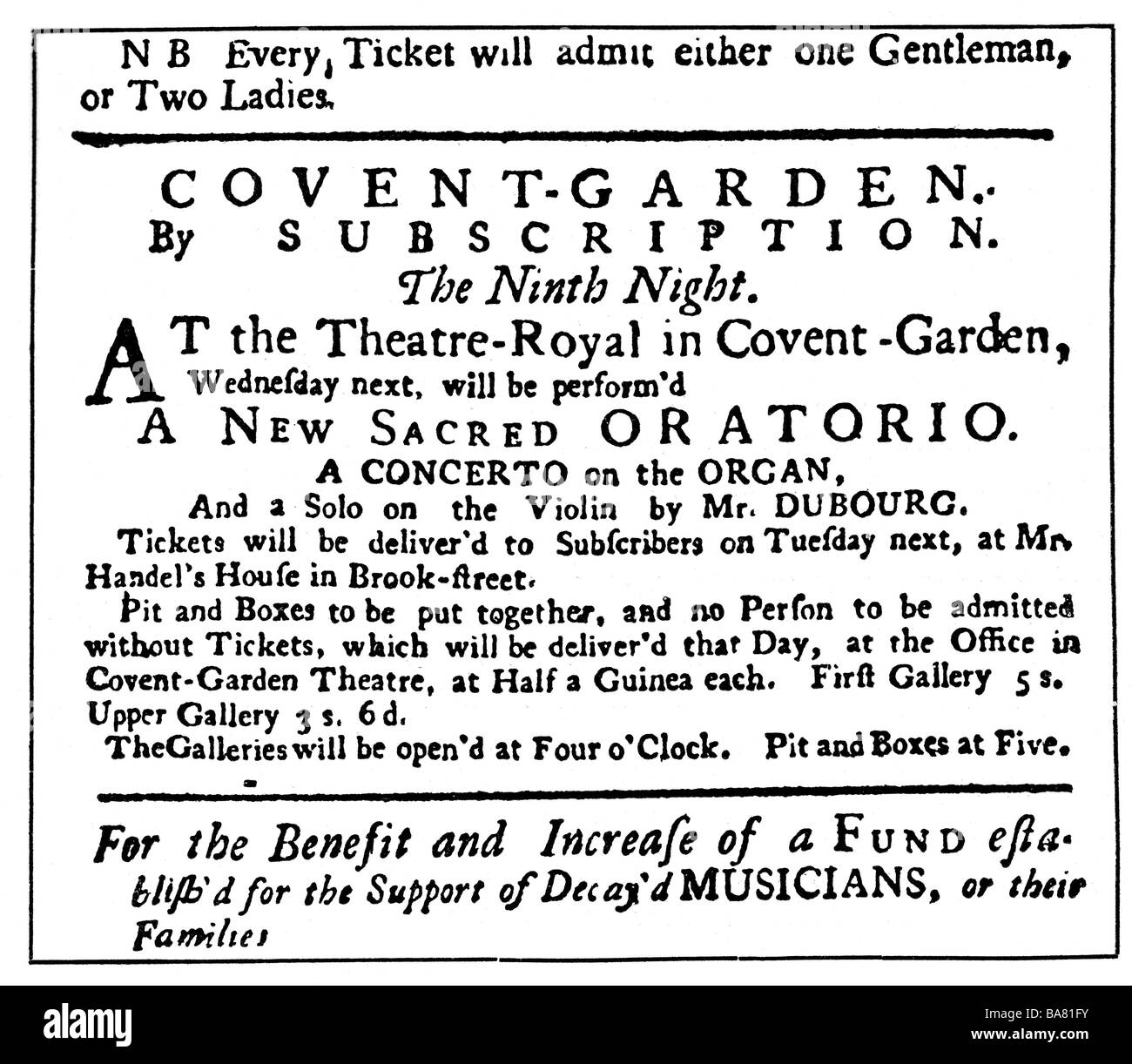 Händel, George Frederic, 23.2.1685 - 14.4.1759, deutscher Komponist, Werke, Oratorium 'Messia' (1741), Aufführung, Theatre Royal, Covent Garden, London, Anzeige in 'Daily Press', 1741, Stockfoto