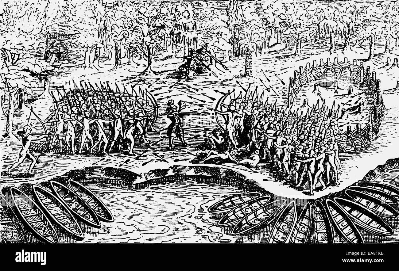 Geographie/Reisen, USA, Menschen, die gebürtigen Amerikaner, Kriege, Maßnahmen auf der Ticonderoga, 29.7.1609, Artist's Urheberrecht nicht geklärt zu werden. Stockfoto