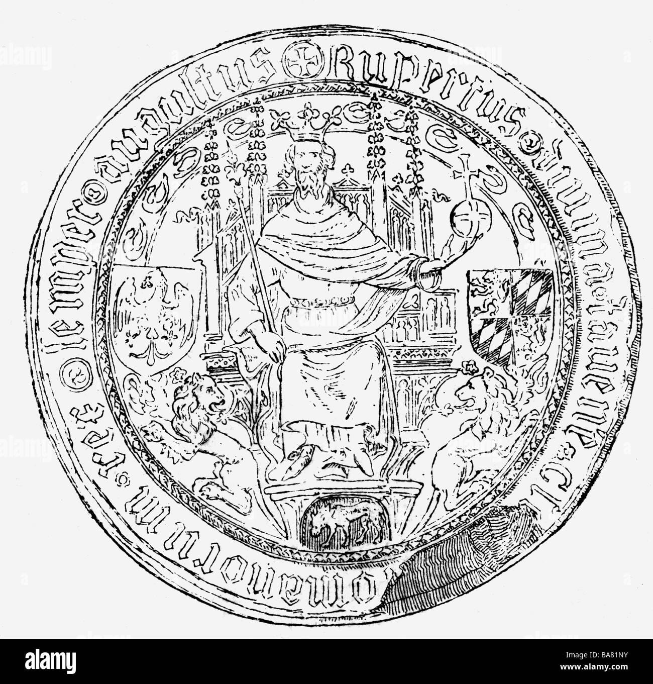 Rupert I., 5.5.1352 - 18.5.1410, König von Deutschland 21.8.1400 - 18.5.1410, sein Siegel, Holzgravur, 19. Jahrhundert, Stockfoto