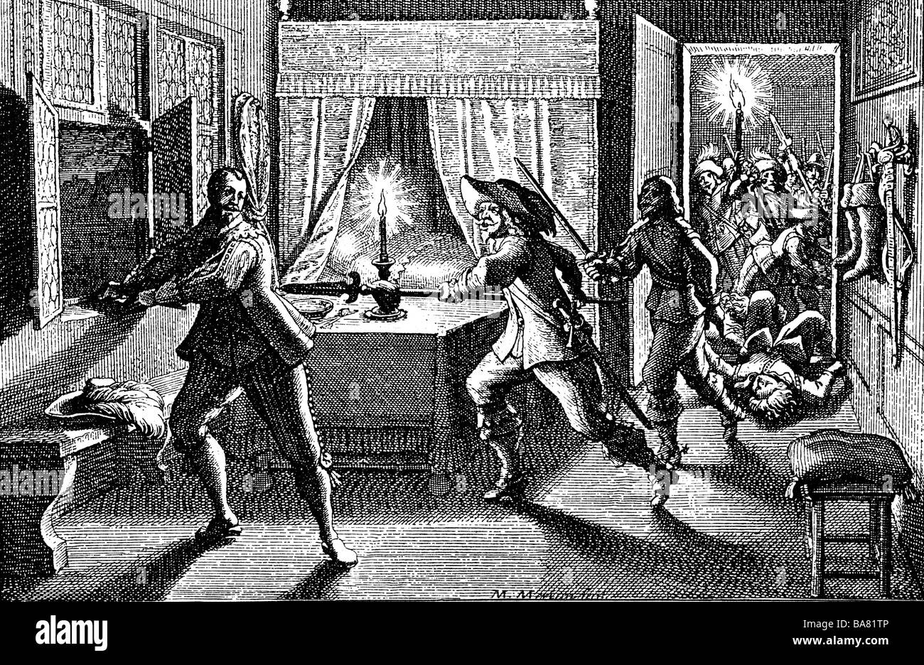 Wallenstein, Albrecht von, 24.9.1583 - 25.2.1634, böhmische Allgemein, Tod, in Cheb getötet durch Captain Walter Devereux, Kupferstich von matheus Merian, 17. Jahrhundert, Artist's Urheberrecht nicht gelöscht werden Stockfoto