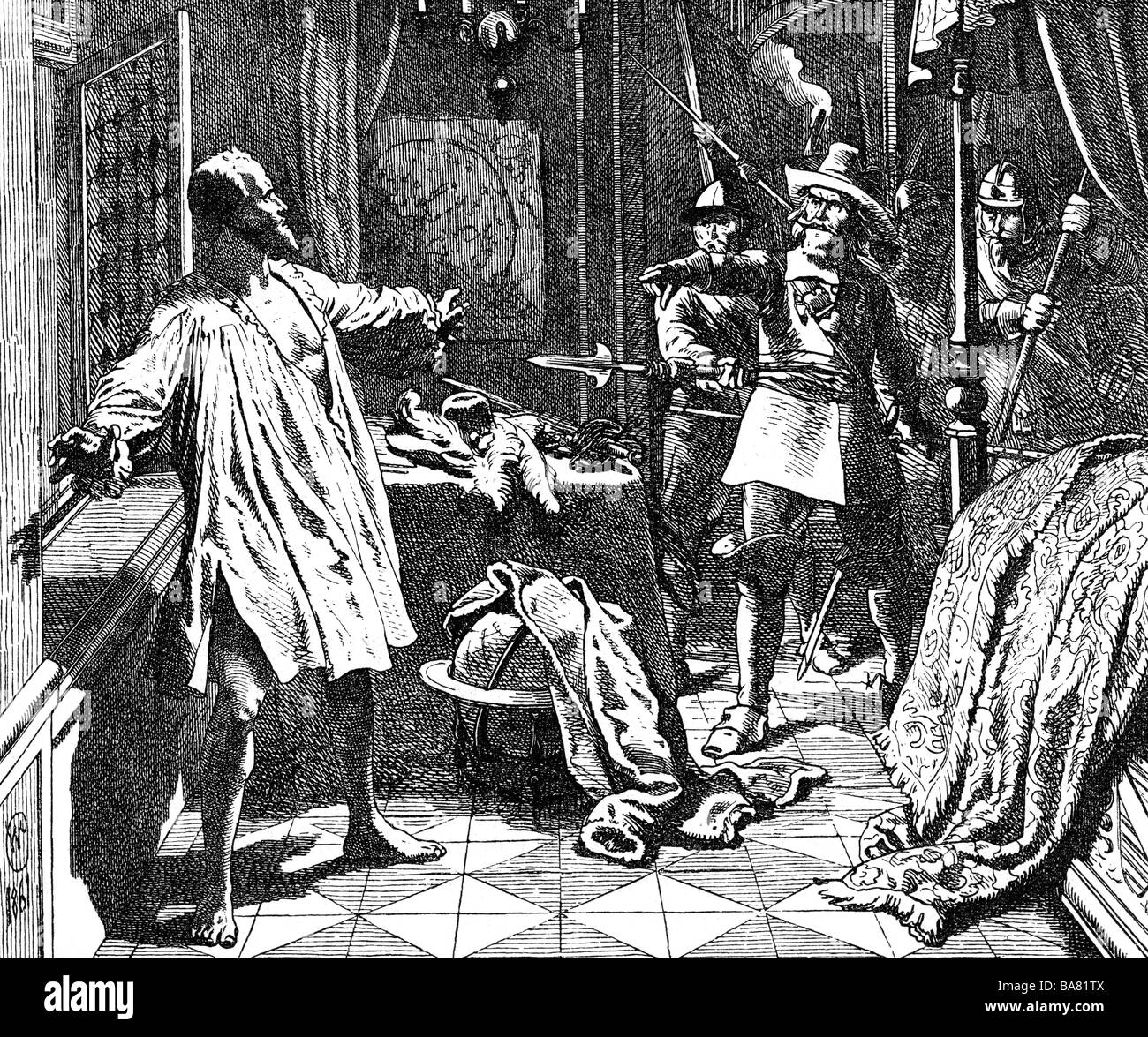 Wallenstein, Albrecht von, 24.9.1583 - 25.2.1634, böhmischer General, Tod, in Cheb getötet von Kapitän Walter Devereux, Holz von Camphausen, 19. Jahrhundert, Stockfoto