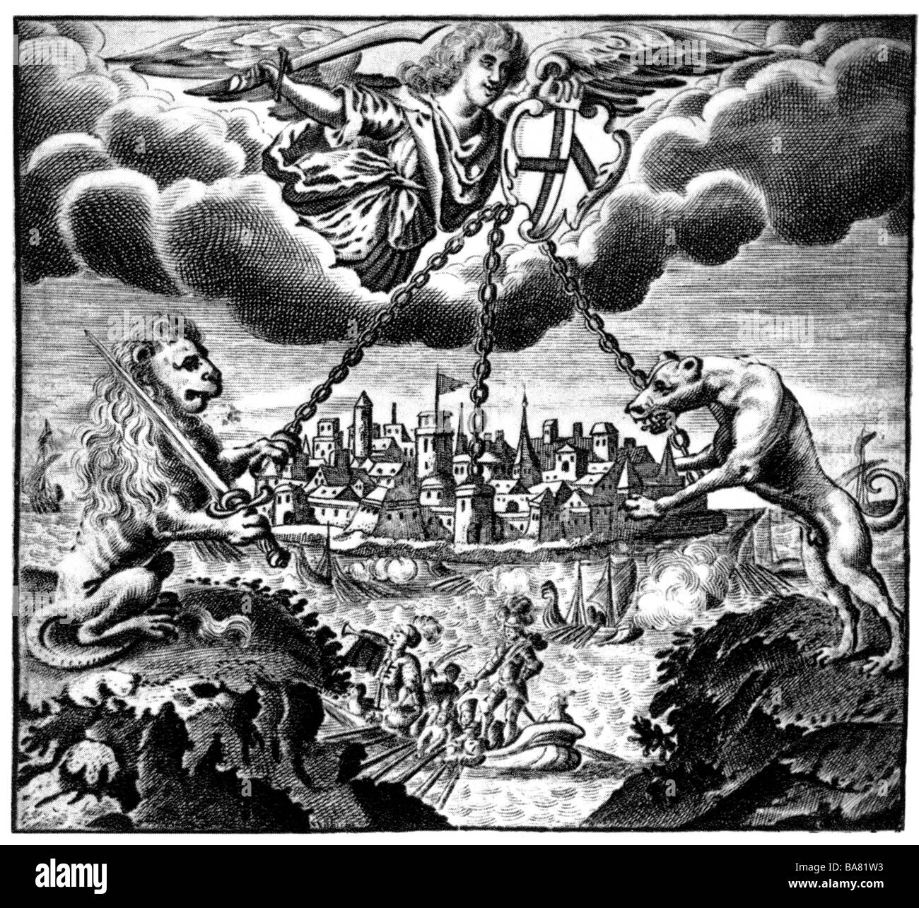 Wallenstein, Albrecht von, 24.9.1583 - 25.2.1634, böhmische Allgemein, Allegorie auf sein gelübde nach Stralsund, Kupferstich von Meister J. w., 1633, Artist's Urheberrecht nicht gelöscht werden Stockfoto