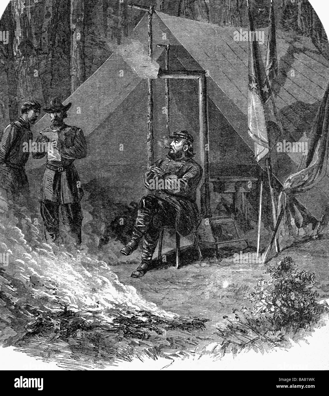 Butler, Benjamin Franklin, 5.11.186 - 22.1.1893, General und Politiker von Amercan, in seinem Hauptsitz während der Schlacht von New Market Heights, 29.9.1864, Holzgravur, "Harper's Weekly", Stockfoto