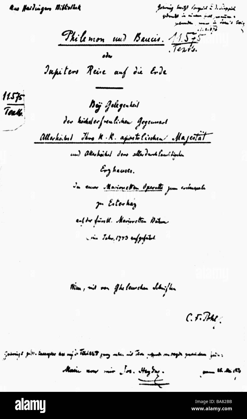 Haydn, Joseph, 31.3.1732 - 31.5.1809, österreichischer Komponist, Werke, Oper, "Philemon und Baucis", Libretto, Kopie von C. F. Pohl, 1773, Stockfoto