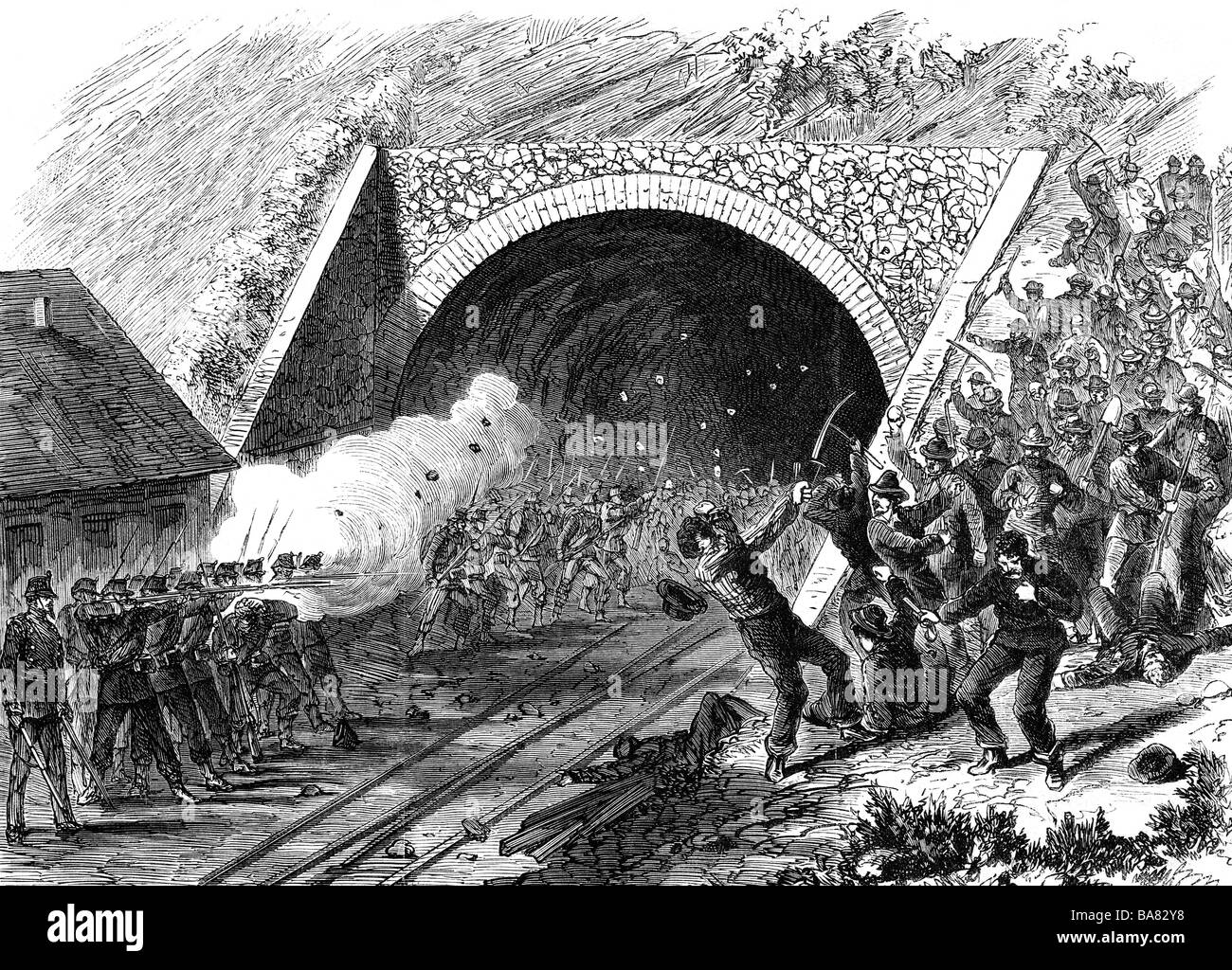 Geografie/Reisen, Schweiz, Politik, Arbeiteraufstand am Bahntunnel am Gotthard, Miliz aus Altdorf schob auf streikende Arbeiter, Goeschenen, 27.7.1875, Stockfoto