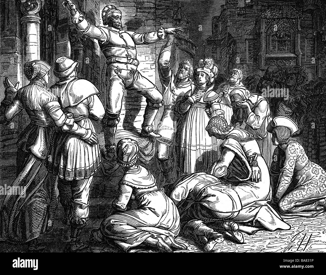 Leiden, Johannes von, 1509 - 22.1.1536, niederländischer Prediger, Täuferführer, volle Länge, Predigt, Holzgravur, 19. Jahrhundert, Stockfoto