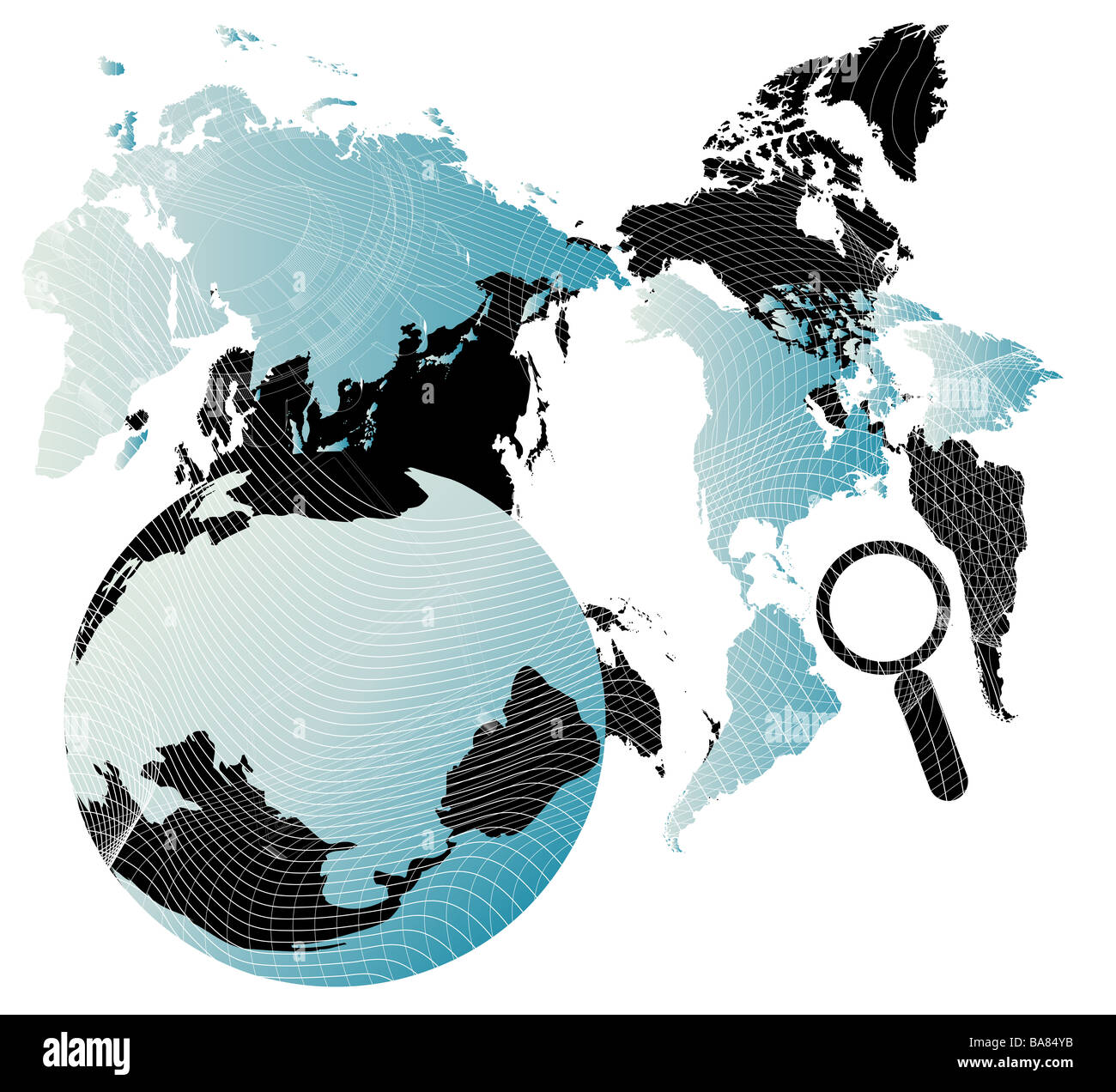 Vektor dargestellt Hintergrund mit Weltkarte und Objekte von Kommunikations- und Technologien Stockfoto