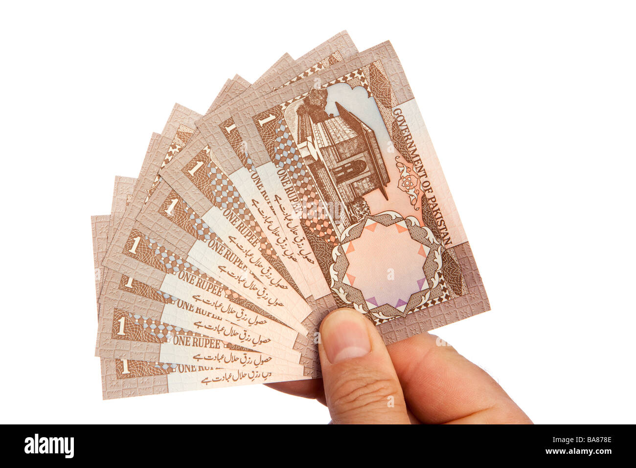 Geld männliche Hand, die Handvoll niedriger Stückelung pakistanischen eine Rupie Banknoten Stockfoto